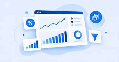 Illustration of an e-commerce metrics dashboard with bar charts and indicators in blue tones.