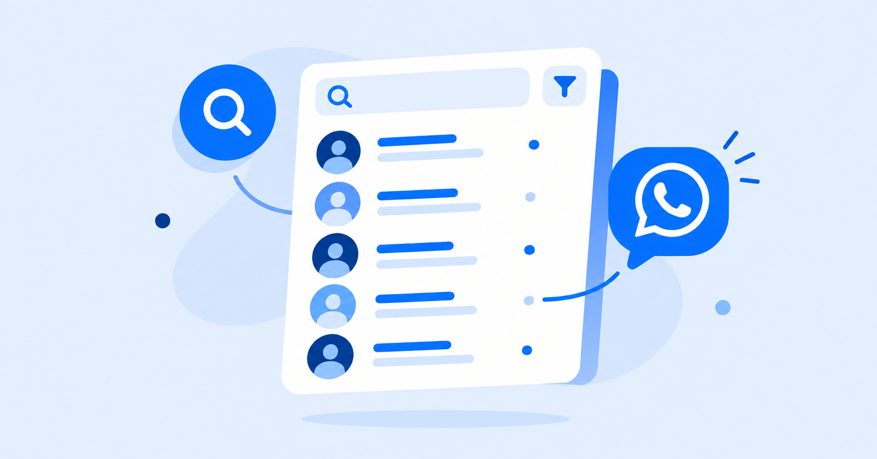 Ilustración de una interfaz de gestión de clientes con lista de contactos y un ícono de chat de WhatsApp, en tonos azules.