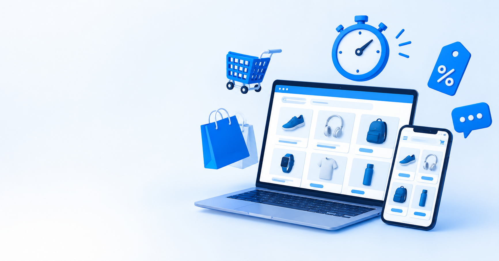 Ilustración de una laptop y un celular con una tienda online, rodeados de un carrito, bolsas de compra y un reloj de cuenta regresiva.