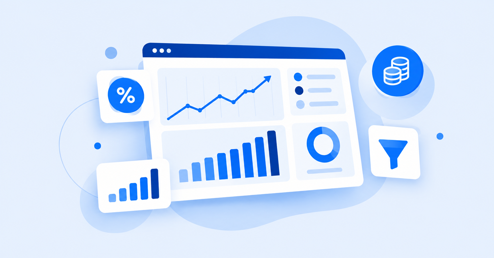 Ilustración de un dashboard de métricas de e-commerce con gráficos de barras y indicadores en tonos azules.