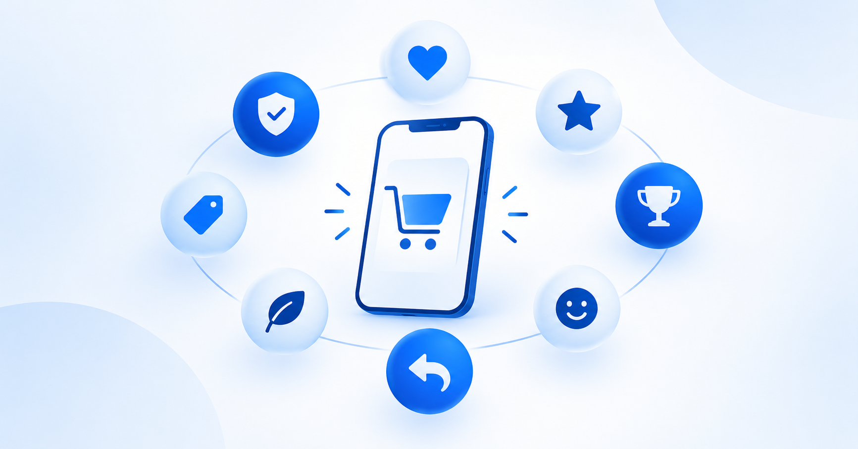 Illustration of an online shopping cart surrounded by icons representing buying emotions.